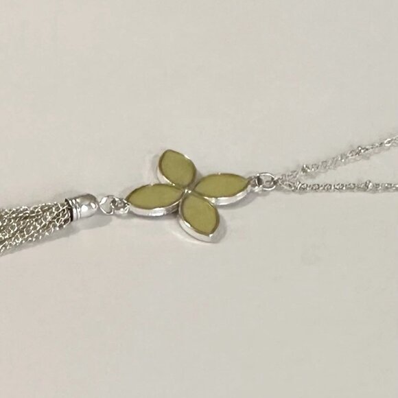 Silver 32" Necklace w/ 4-Petal Quatrefoil Yellow Enamel Flower Pendant & Tassel - Picture 3 of 4